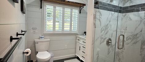A bathroom with a toilet, a sink, a shower, and a window.