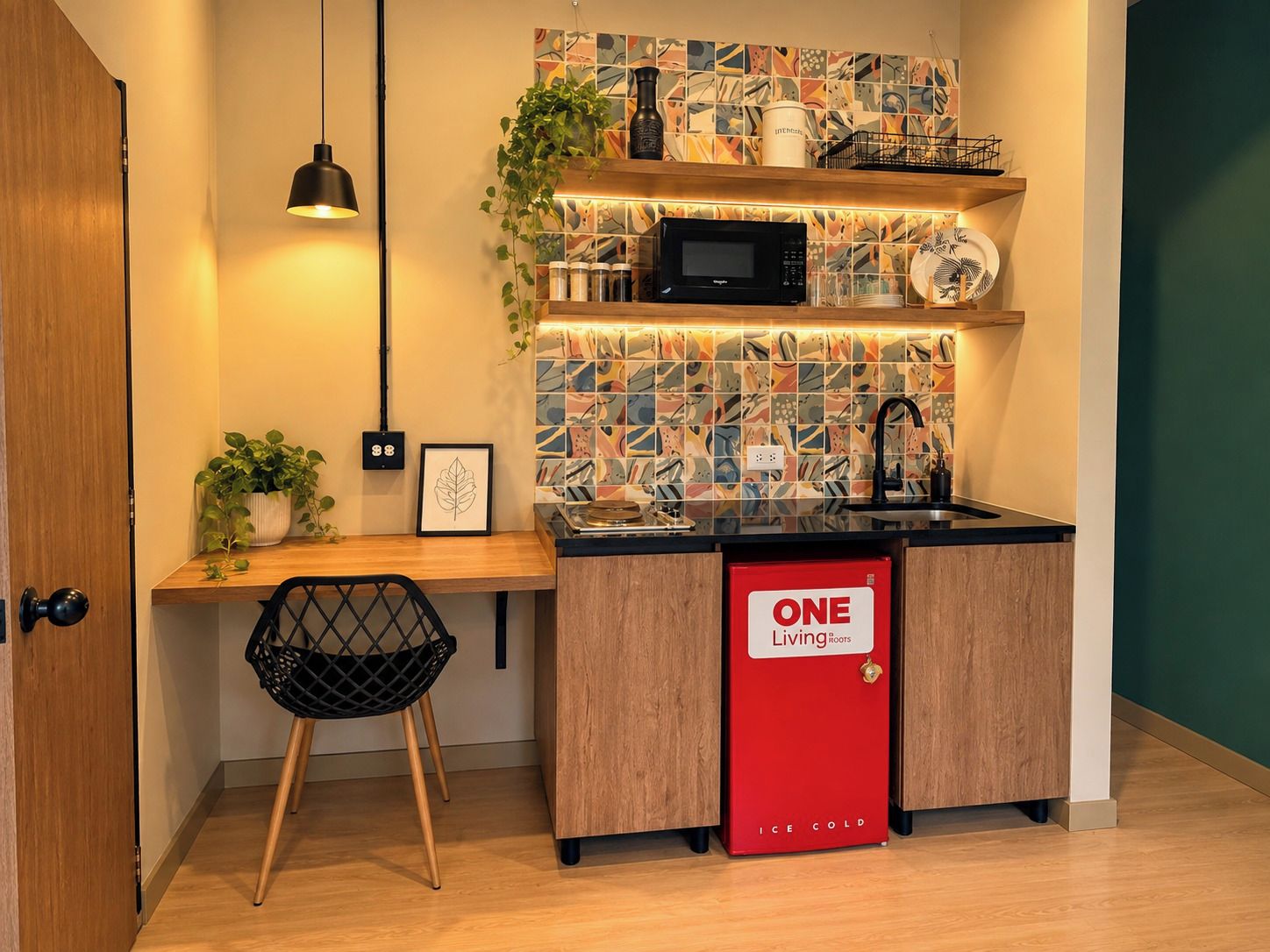 A compact kitchen with a microwave, sink, and a red refrigerator labeled 'ONE Living Roots.'