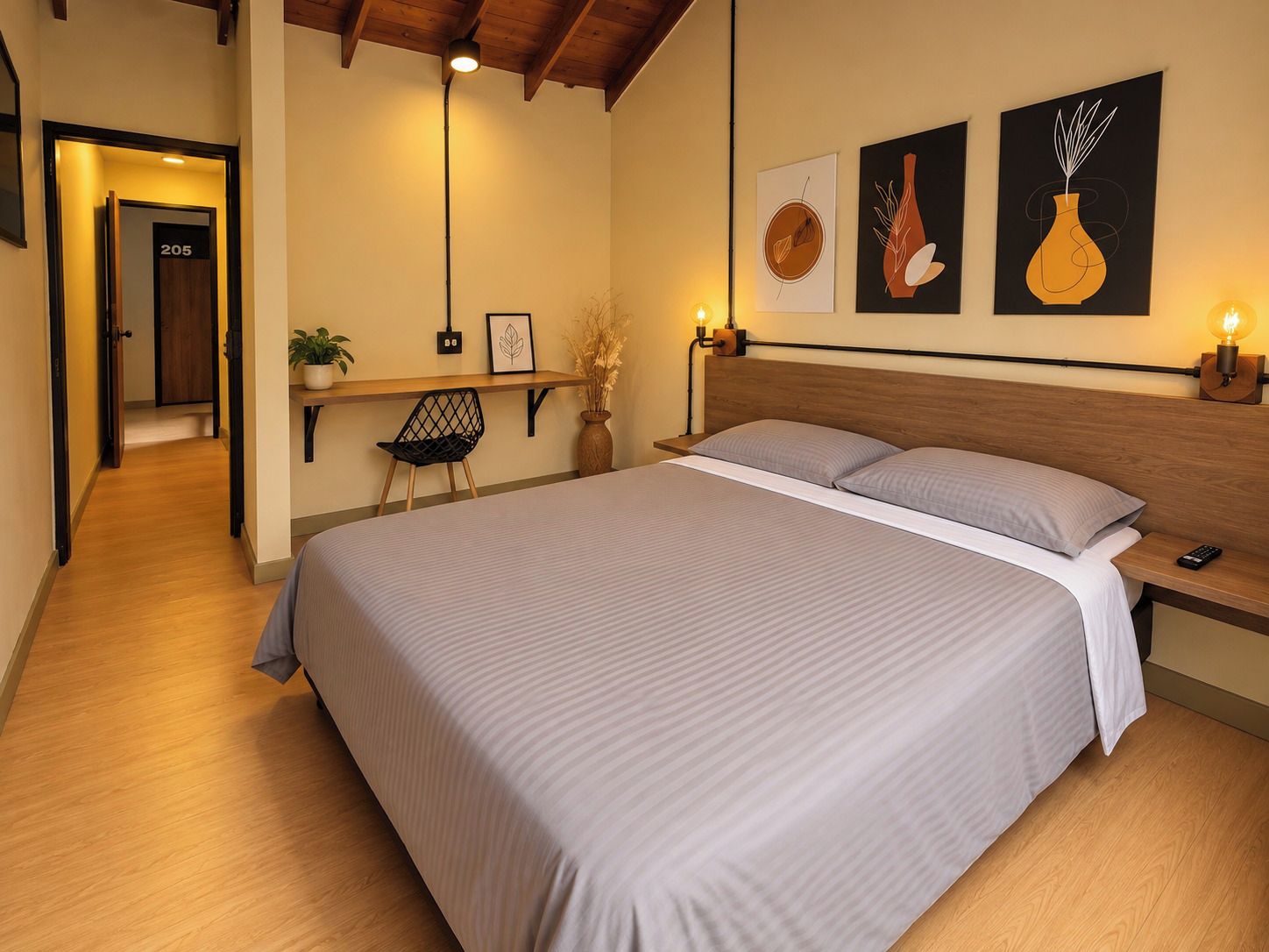 A bedroom with a large bed, bedside table, wall-mounted artwork, and a desk with a chair.