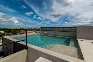 Una piscina a sfioro sulla terrazza con vista panoramica sulla città.