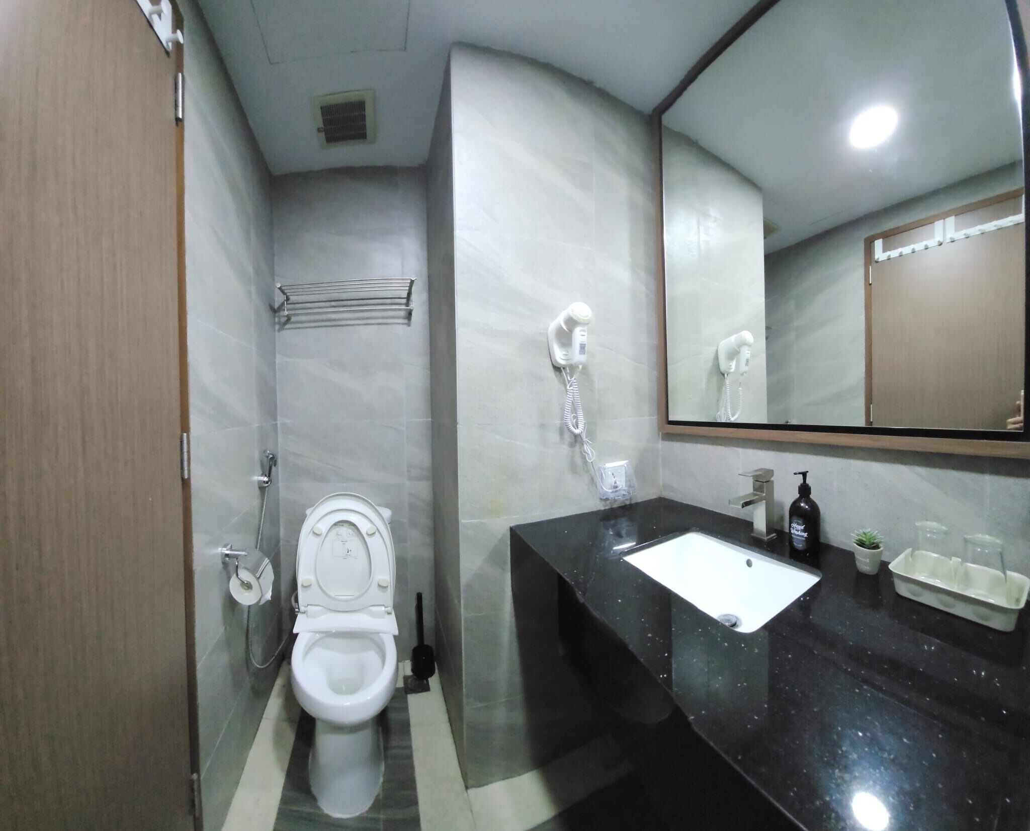 Une salle de bain équipée de toilettes, d’un lavabo, d’un miroir et d’un sèche-cheveux.