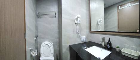 Une salle de bain équipée de toilettes, d’un lavabo, d’un miroir et d’un sèche-cheveux.