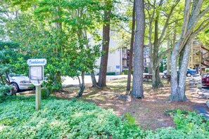 A sign for 'Sandalwood' in a wooded area with trees and a parking lot in the background.