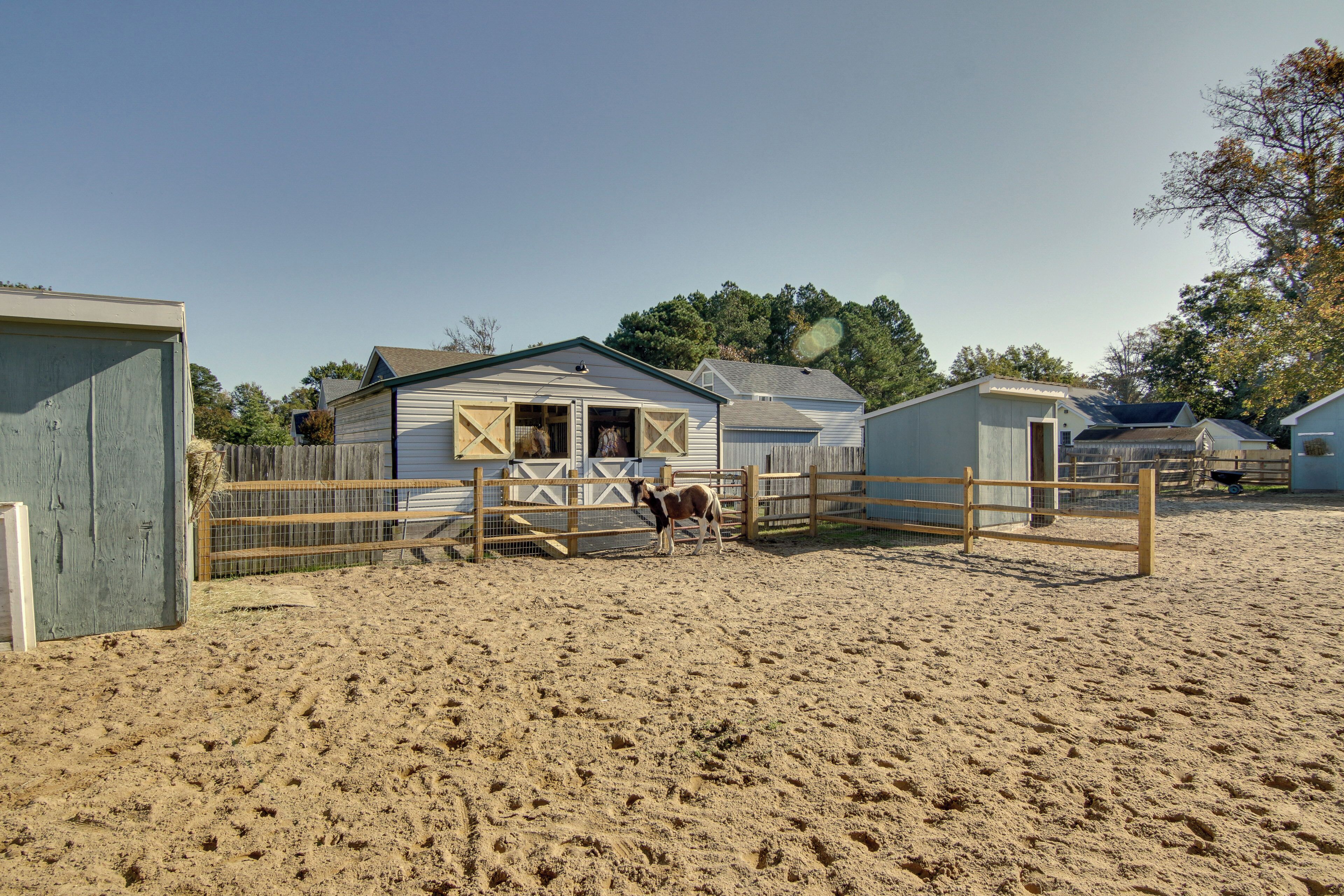 A stable with a horse, surrounded by wooden fences and sheds in a sandy area.