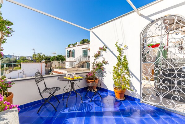 Un balcone con piastrelle blu, un cancello in metallo e vasi con piante.