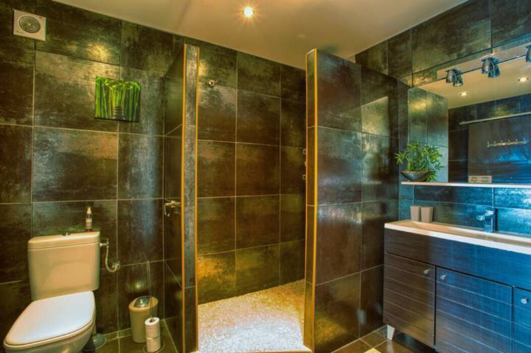Un baño moderno con azulejos oscuros, cabina de ducha de cristal, inodoro y tocador con espejo.