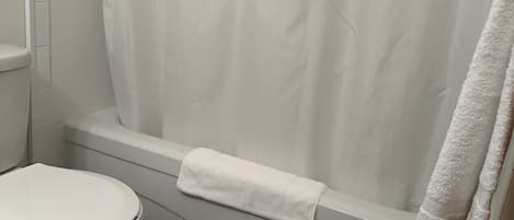 Une salle de bain avec des toilettes, une baignoire avec une serviette blanche et un rideau de douche.