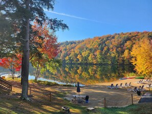 Ein Park am Seeufer mit Picknickbereich, Bänken und freiem Blick auf den See, der von herbstlich gefärbten Bäumen umgeben ist.