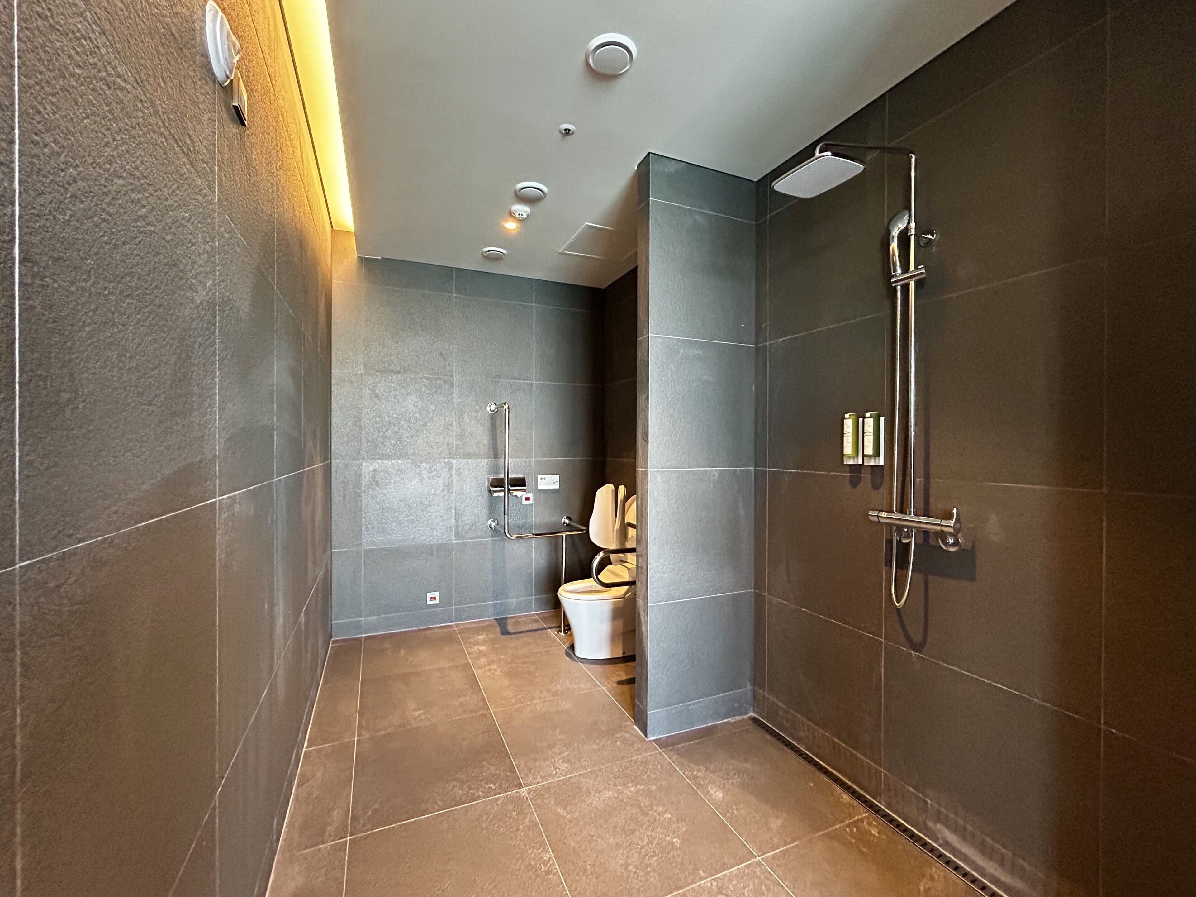 Un baño moderno con azulejos oscuros, ducha, inodoro y barandilla.
