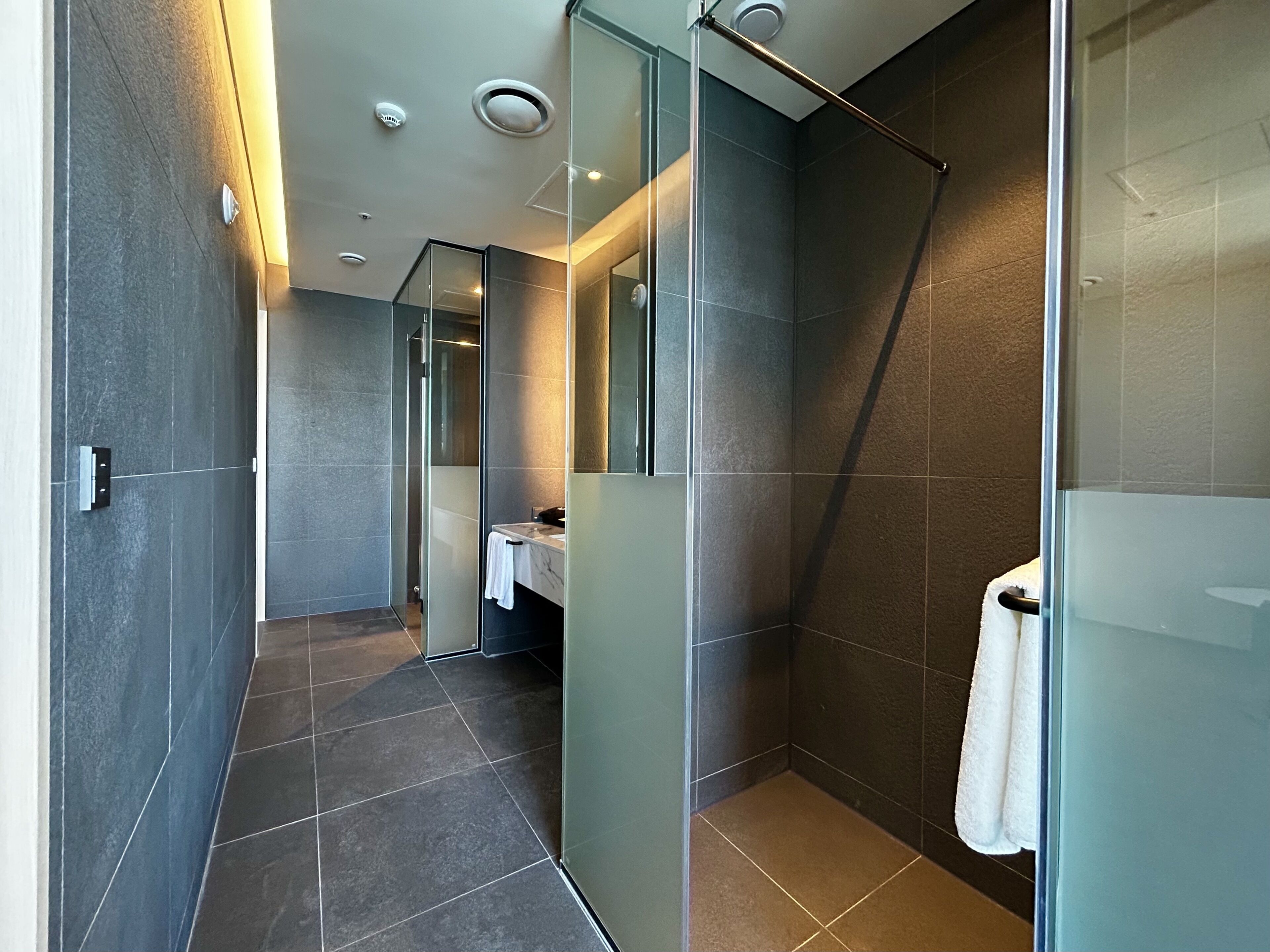 A modern bathroom with a glass shower enclosure, a vanity with a mirror, and a towel rack.