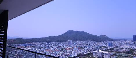 A cityscape with a prominent hill in the background and a view of the city from a high vantage point.