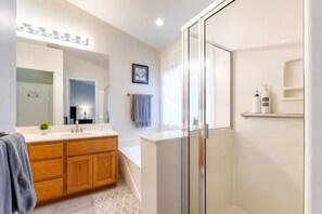 Hair dryer, towels, soap, shampoo