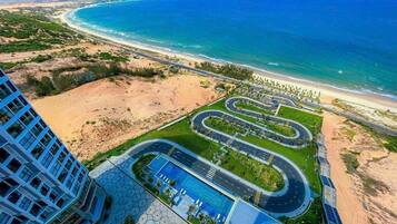 On the beach, sun loungers