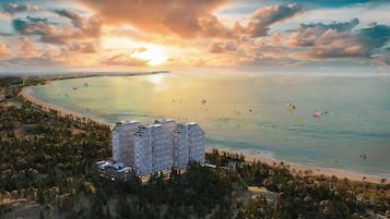 On the beach, sun loungers