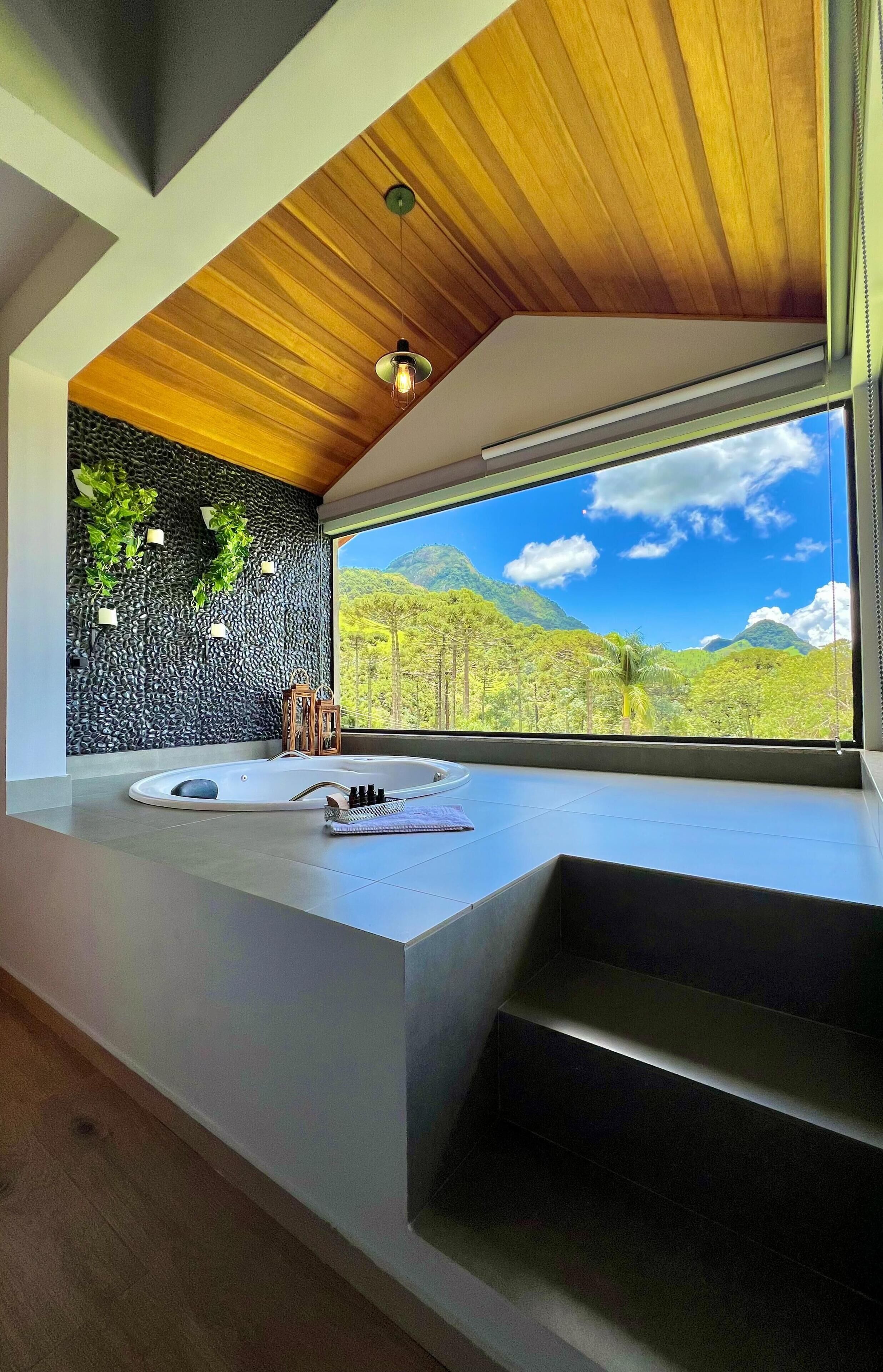 A modern bathroom with a large window, a bathtub, and a stone wall with plants.