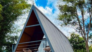 Um edifício moderno com formato triangular, fachada de vidro, cadeiras de deck de madeira e um vaso com planta.