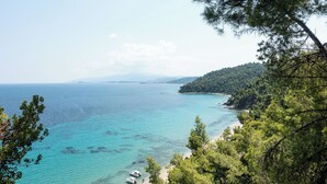 A coastal view with clear turquoise waters, a sandy beach, and dense green forest. - The Mavrolitharo Residence, new stone built villa.  (Chalkidiki)