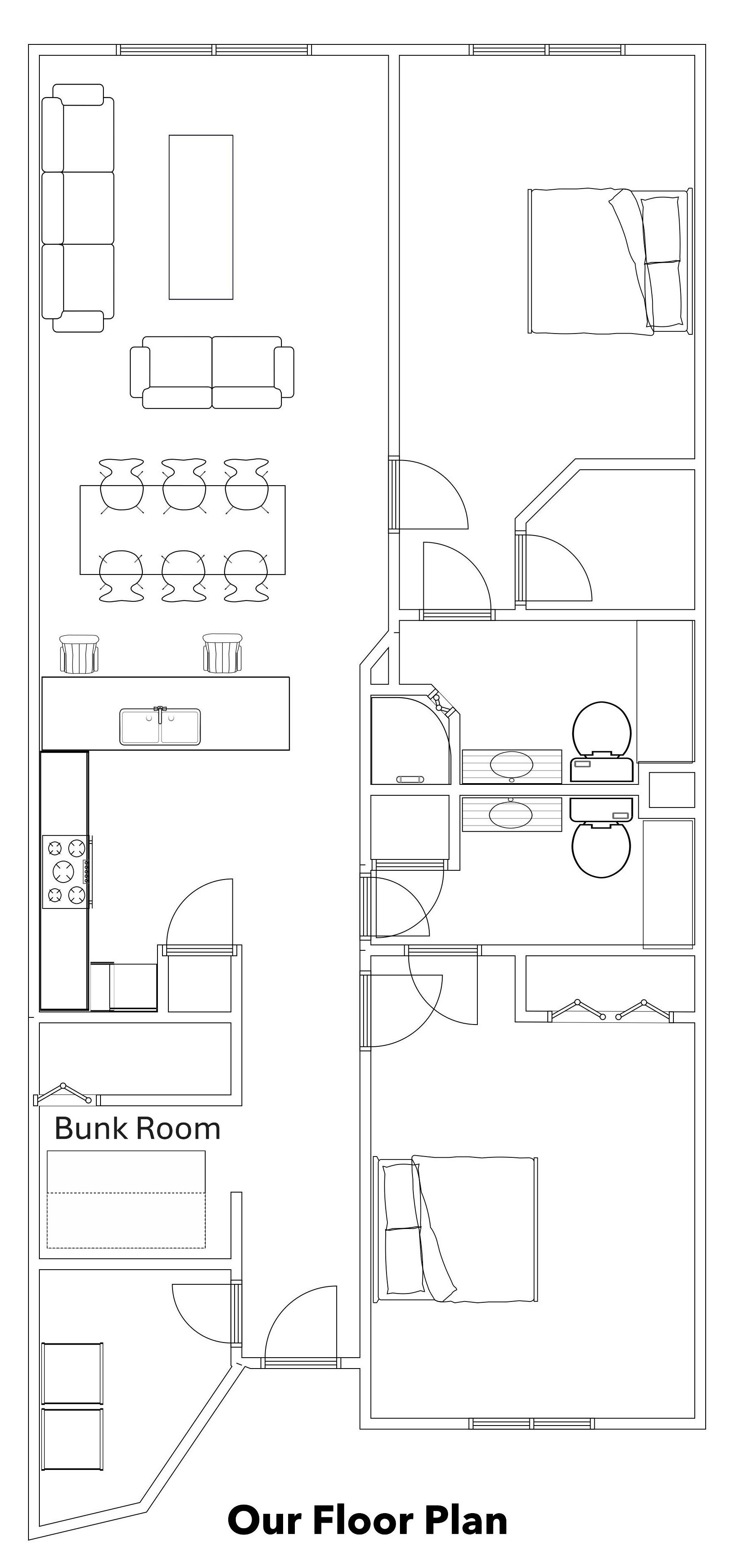 A floor plan of a hotel with a bunk room, a kitchen, a bathroom, and a living area.