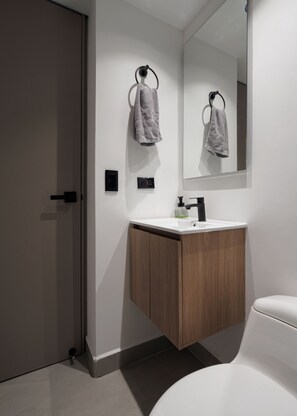 Hair dryer, towels, soap, shampoo