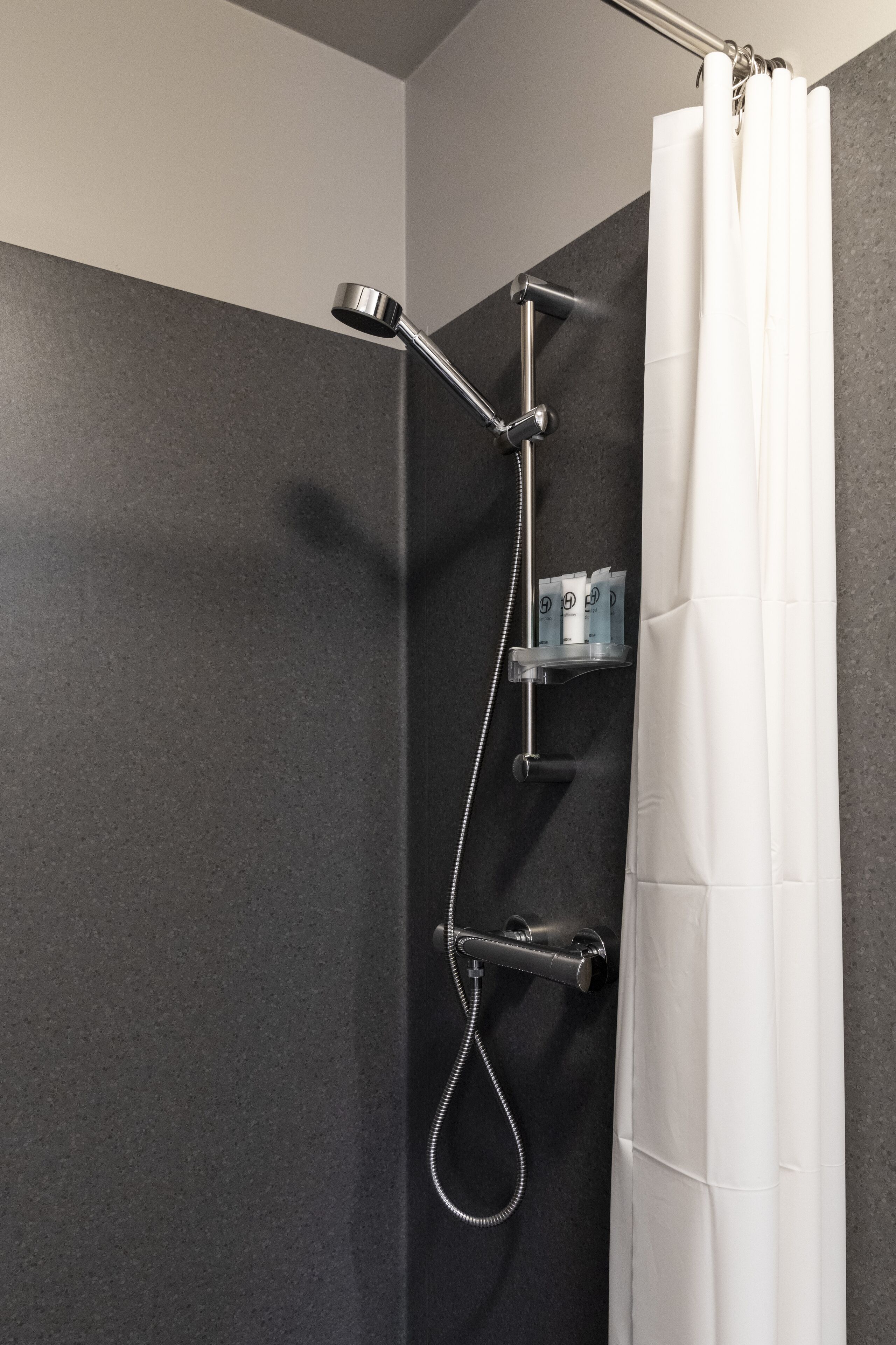 Eine Dusche mit Handbrause, Wandarmatur und Bedienfeld.