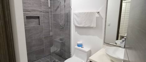 A modern bathroom with a glass-enclosed shower, a toilet, and a sink with a mirror.