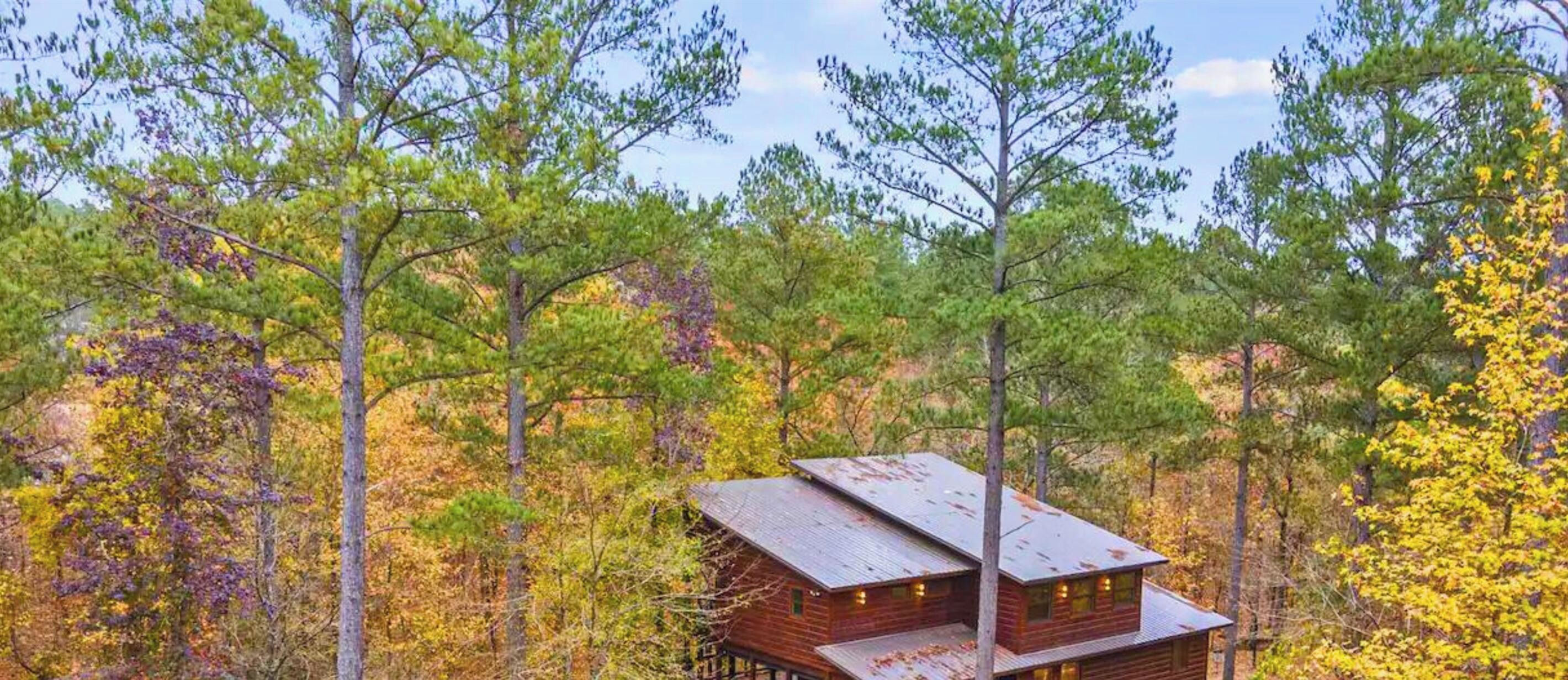 Une cabane entourée d’arbres, sous un ciel dégagé.