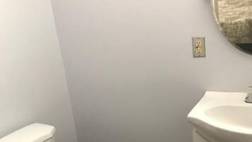 Une salle de bain avec des toilettes, un lavabo et un miroir.
