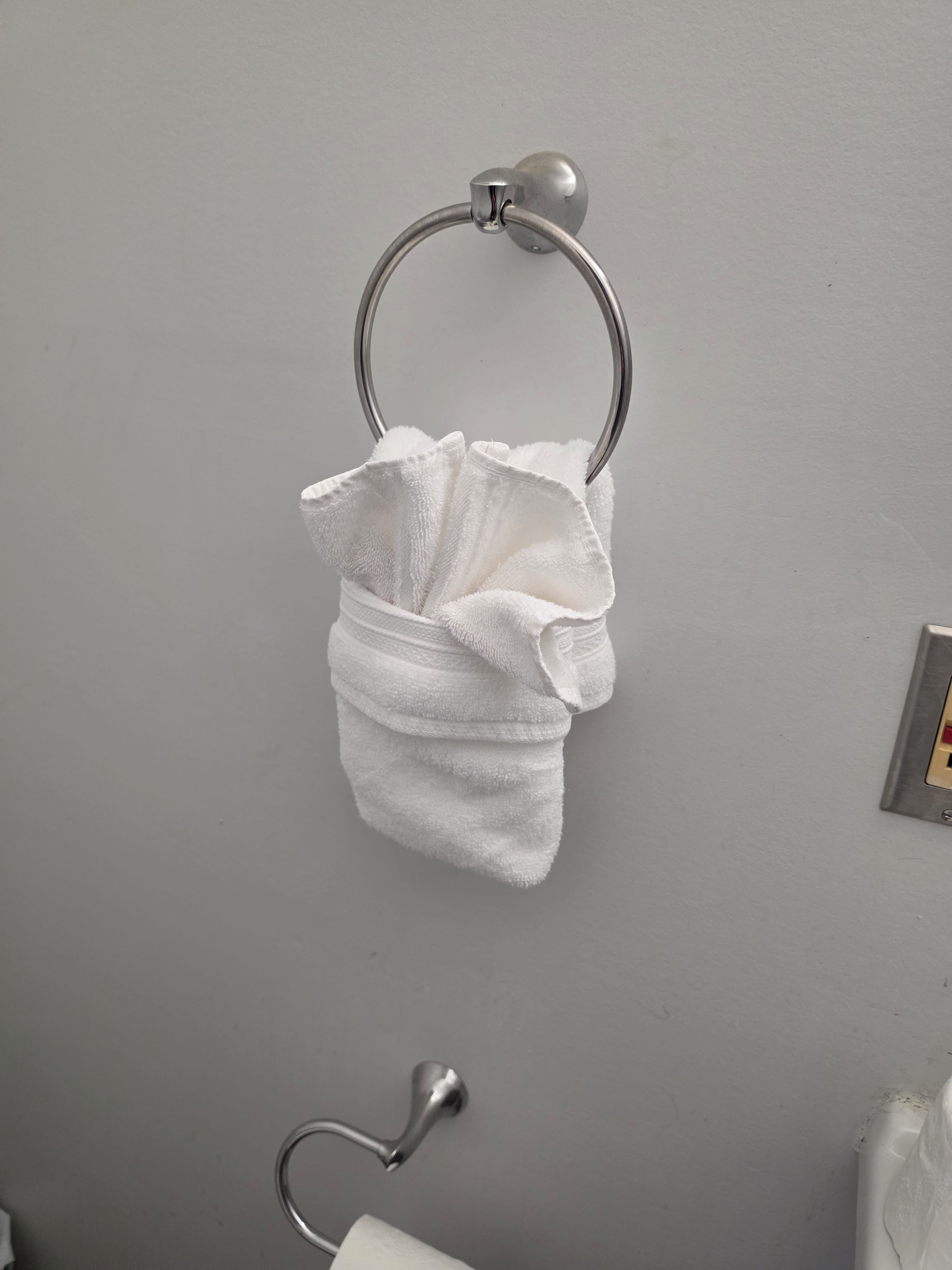 Un baño con un toallero anclado en una pared gris, un porta papel higiénico y un enchufe visible.