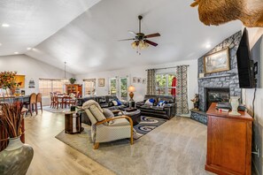 TV, fireplace, DVD player, books
