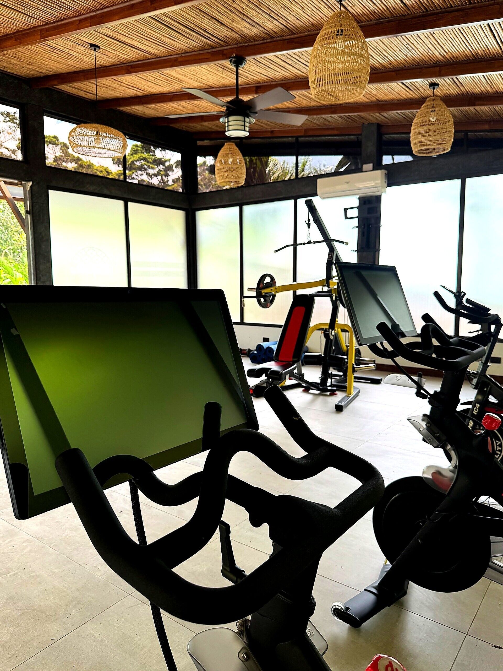 An indoor gym with exercise equipment, large windows, and a ceiling with woven patterns.