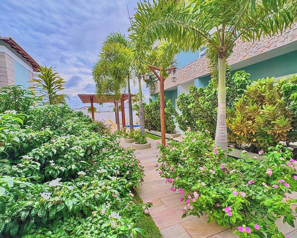 A garden with various plants and a pathway. - Pousada Diane (Trairi)