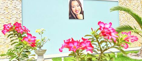 A garden with pink flowers, a stone wall, and a photo frame on the wall.