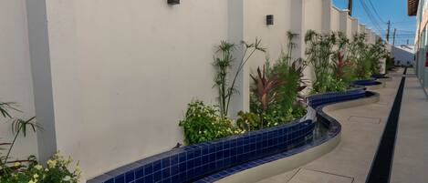 Un pasillo con una jardinera azul de azulejos con plantas, una pared blanca y un letrero direccional verde.