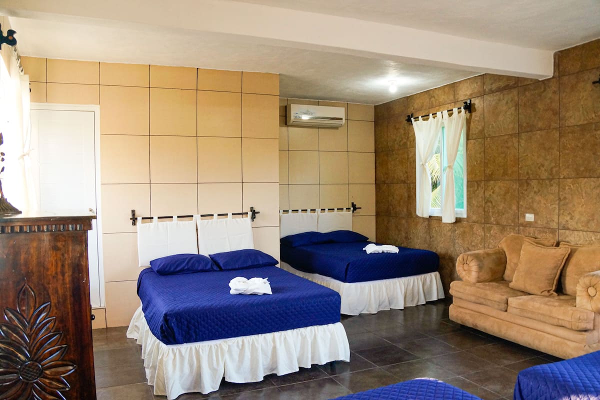 Une chambre d’hôtel avec deux lits, un canapé et une commode en bois.