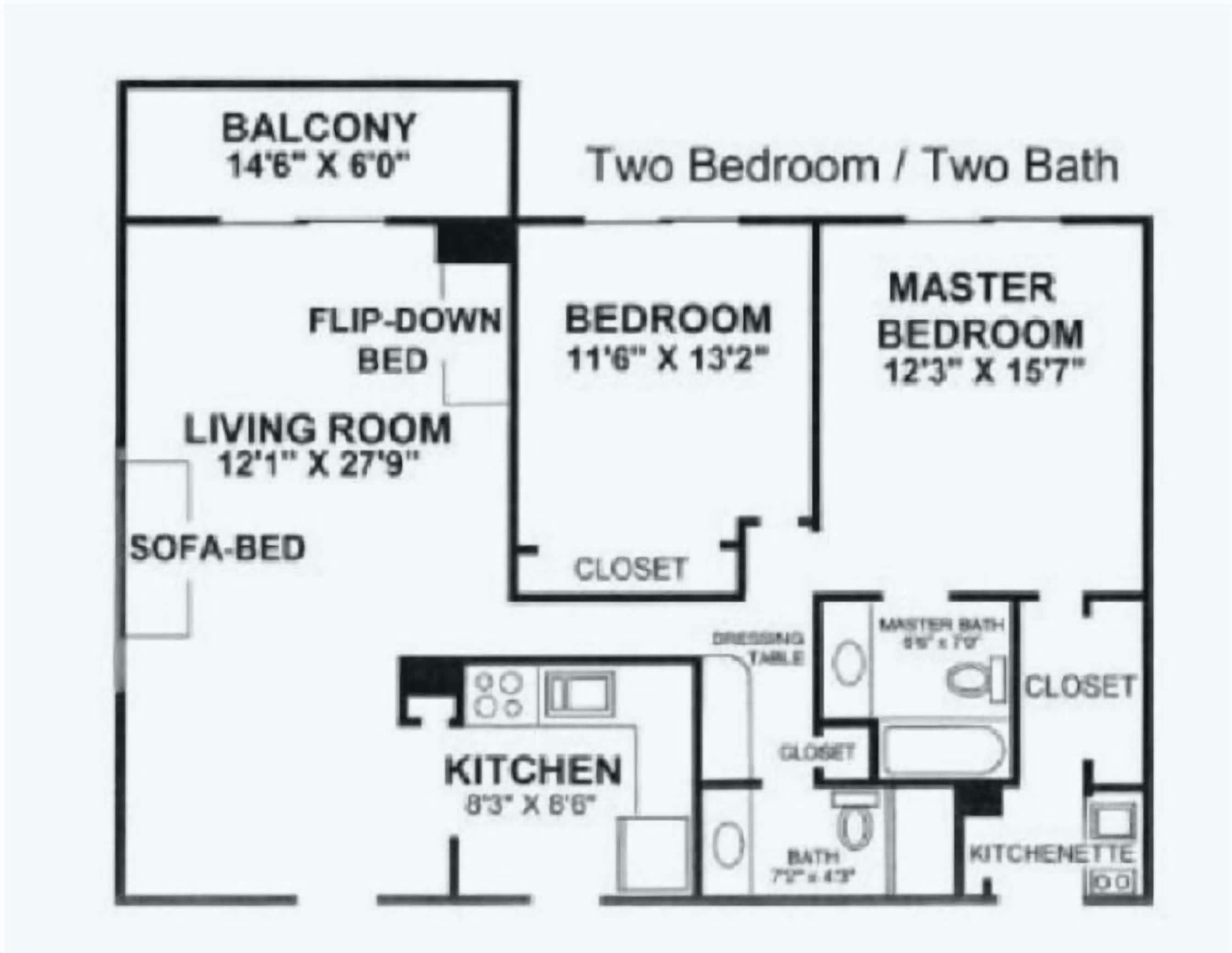 Planimetria di un appartamento con due camere da letto, dotato di balcone, soggiorno, cucina e due camere.