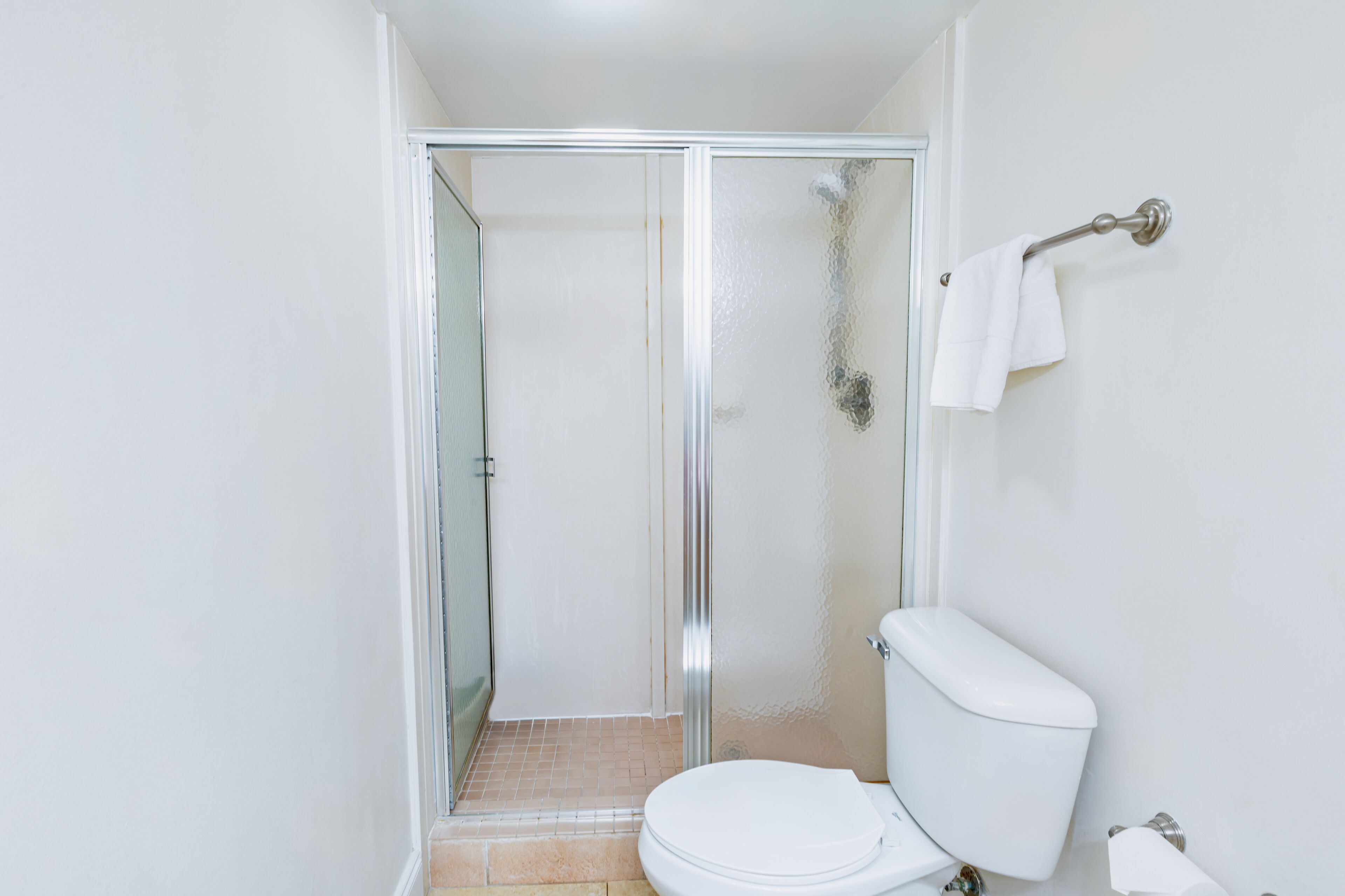 A bathroom with a glass-enclosed shower, a white toilet, and a towel rack.