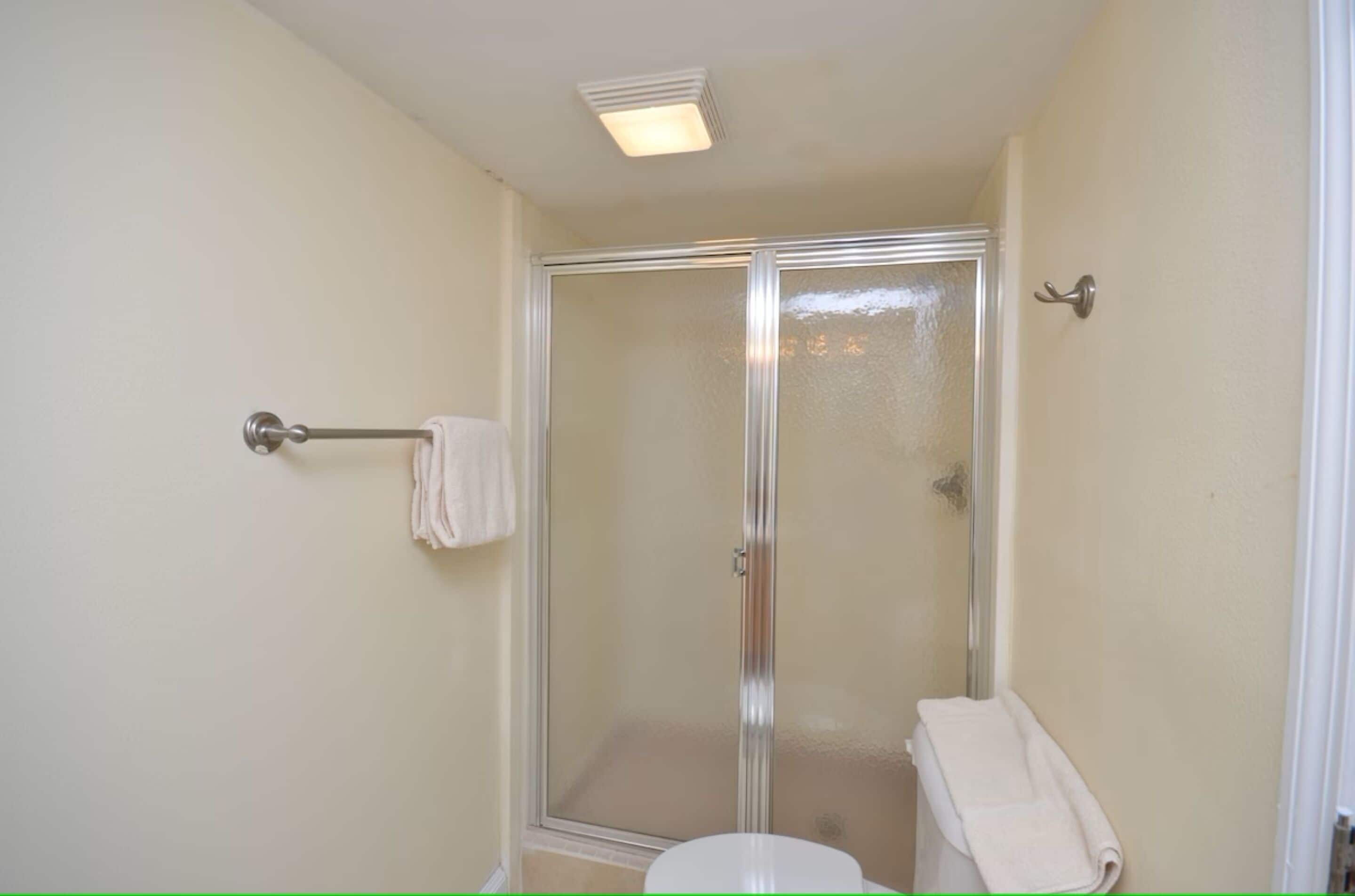 Een badkamer met een glazen douchedeur, een toilet en een handdoekrek.