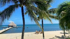 Een strand met palmbomen, een rieten hut en een houten pier die in het water uitsteekt.