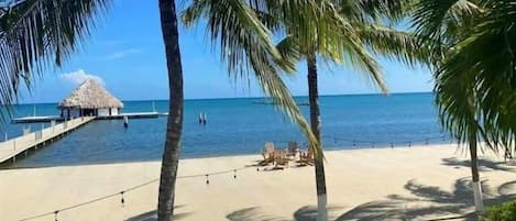 On the beach, sun-loungers, beach towels