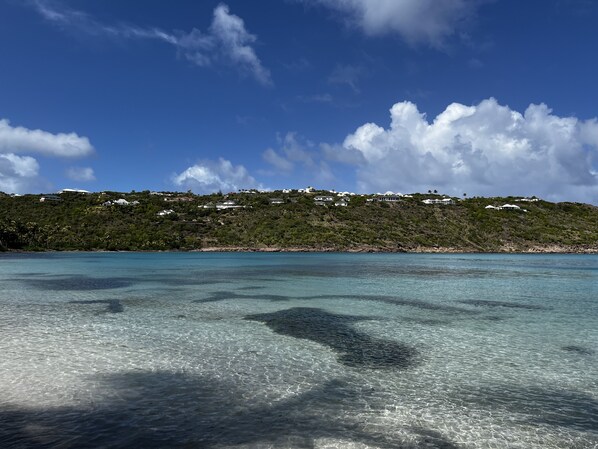 On the beach, sun-loungers, beach towels