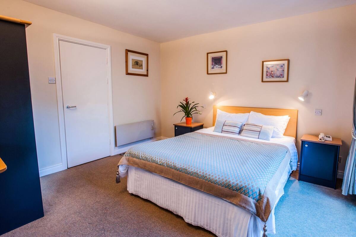 Une chambre d’hôtel avec un lit, des tables de chevet, une petite table, une plante en pot et des tableaux encadrés au mur.