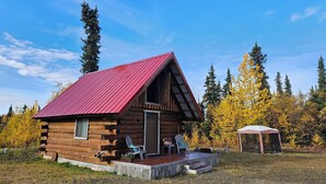 A small log cabin with a red roof, a porch with two chairs, and a small covered area.
