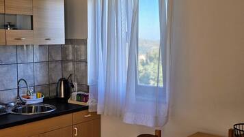 Fridge, microwave, stovetop, coffee/tea maker