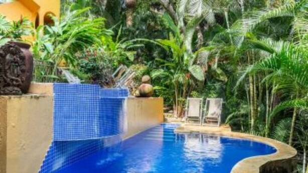 Una piscina con borde de baldosas, rodeada de exuberante vegetación y una estructura de piedra.