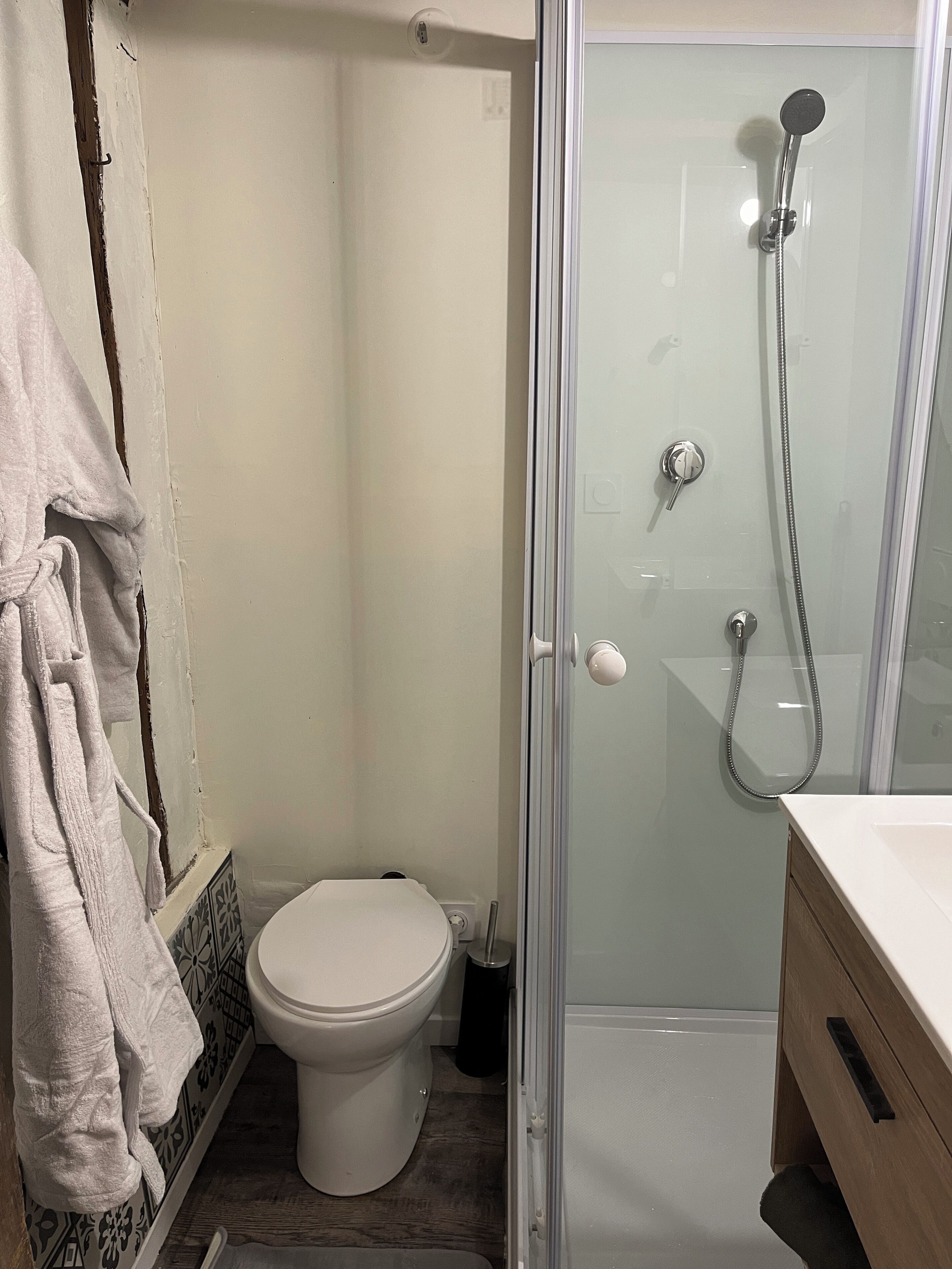 A bathroom with a toilet, a glass-enclosed shower, and a towel rack.