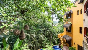 A lush, green courtyard with a thatched-roof building, a pool, and dense tropical vegetation. - Xocotla - Ocean View Pent House

 (Sayulita)