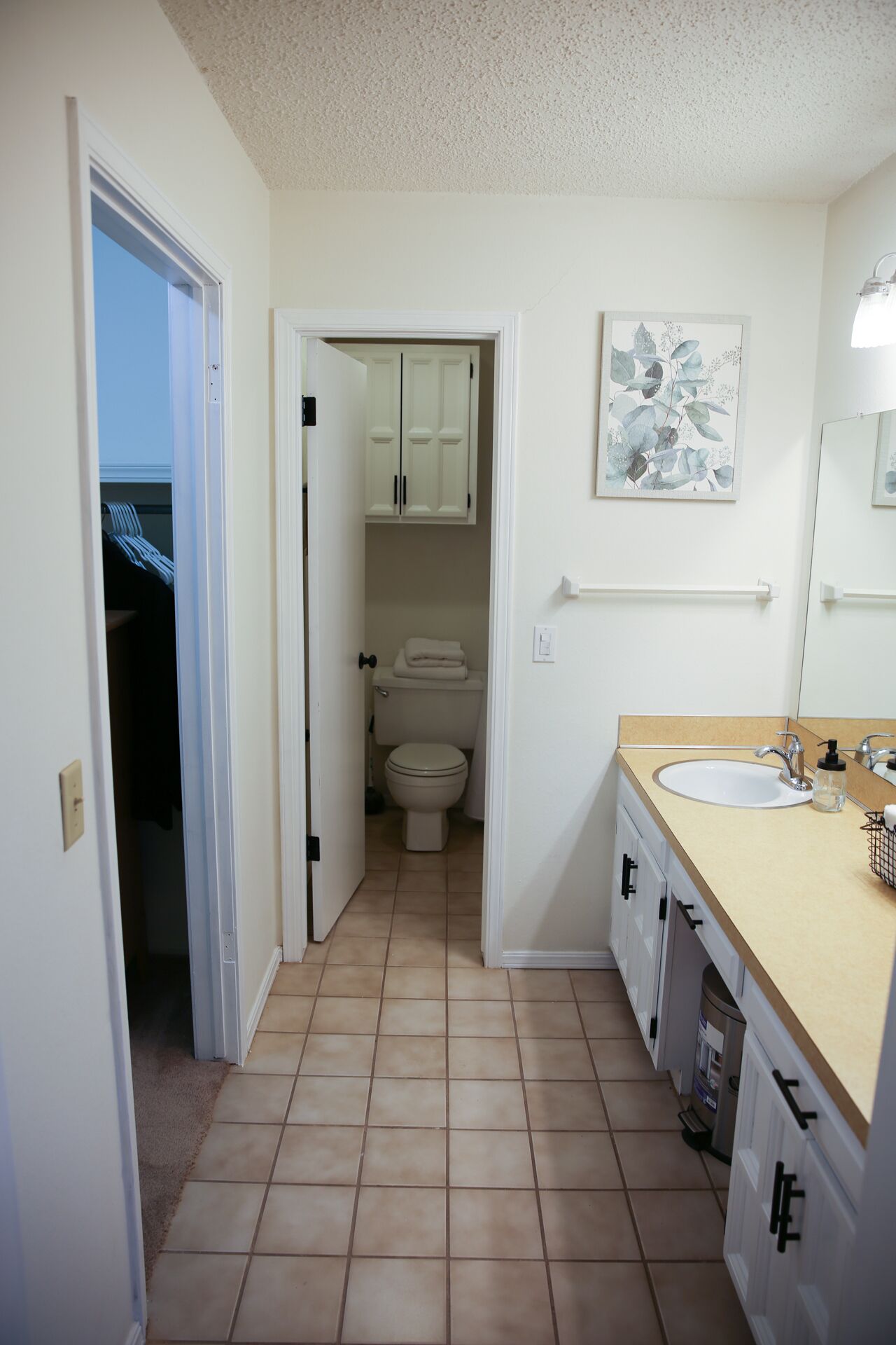 A bathroom with a toilet, sink, and cabinets.