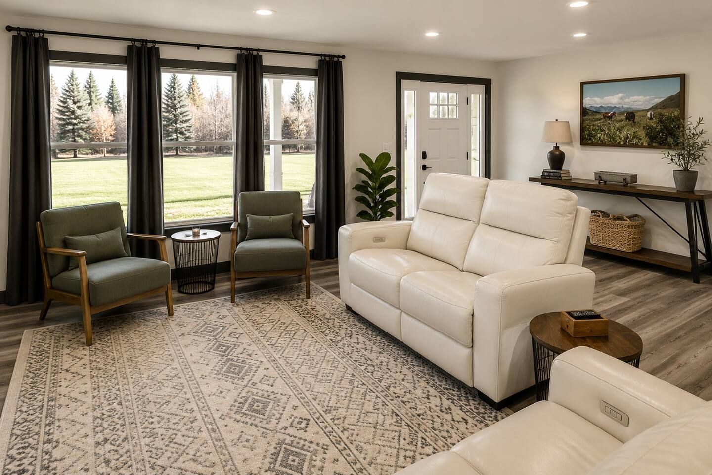 Un salon avec un canapé beige, deux fauteuils, une table basse et un tapis à motifs.