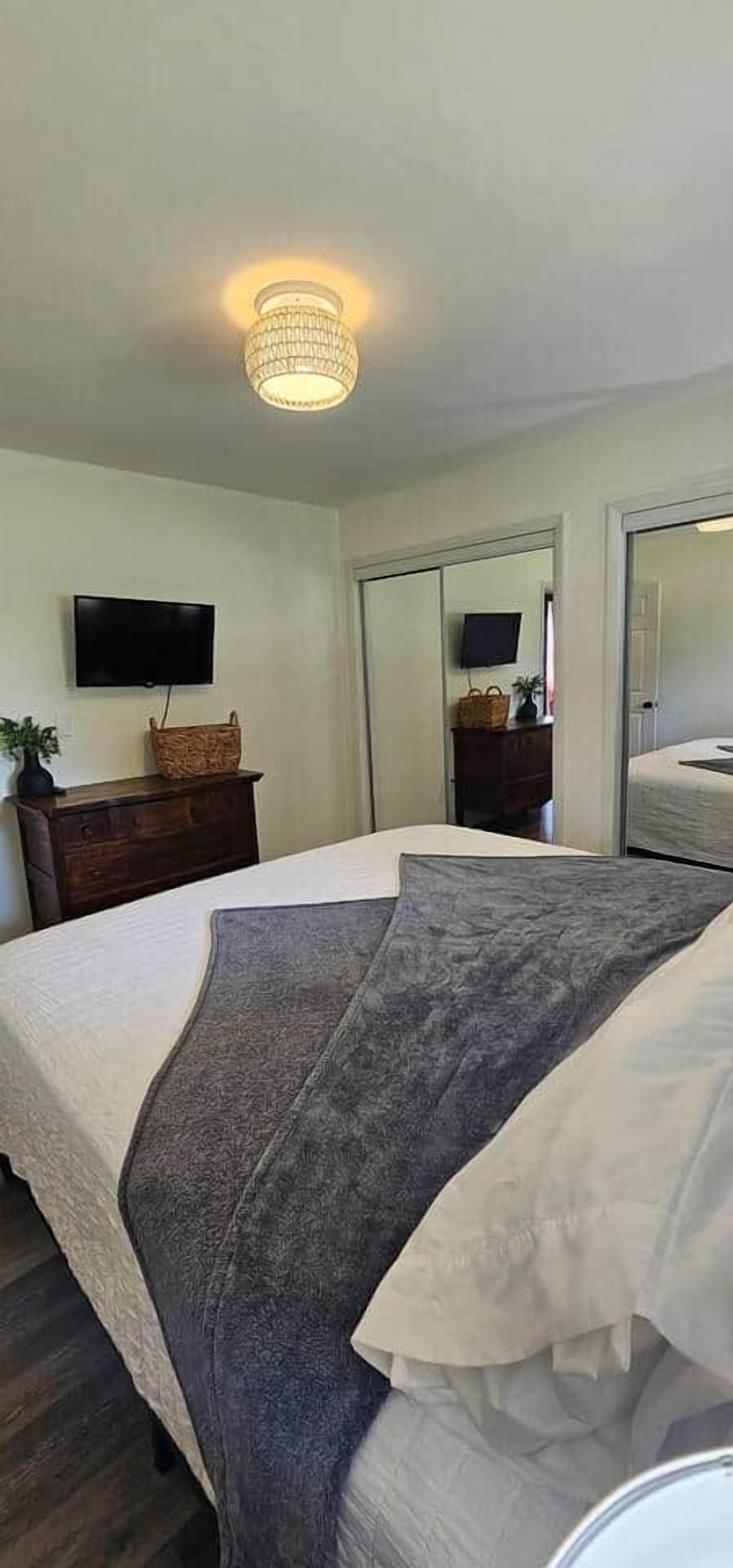 A bedroom with a bed, a dresser, a television, and a mirror.