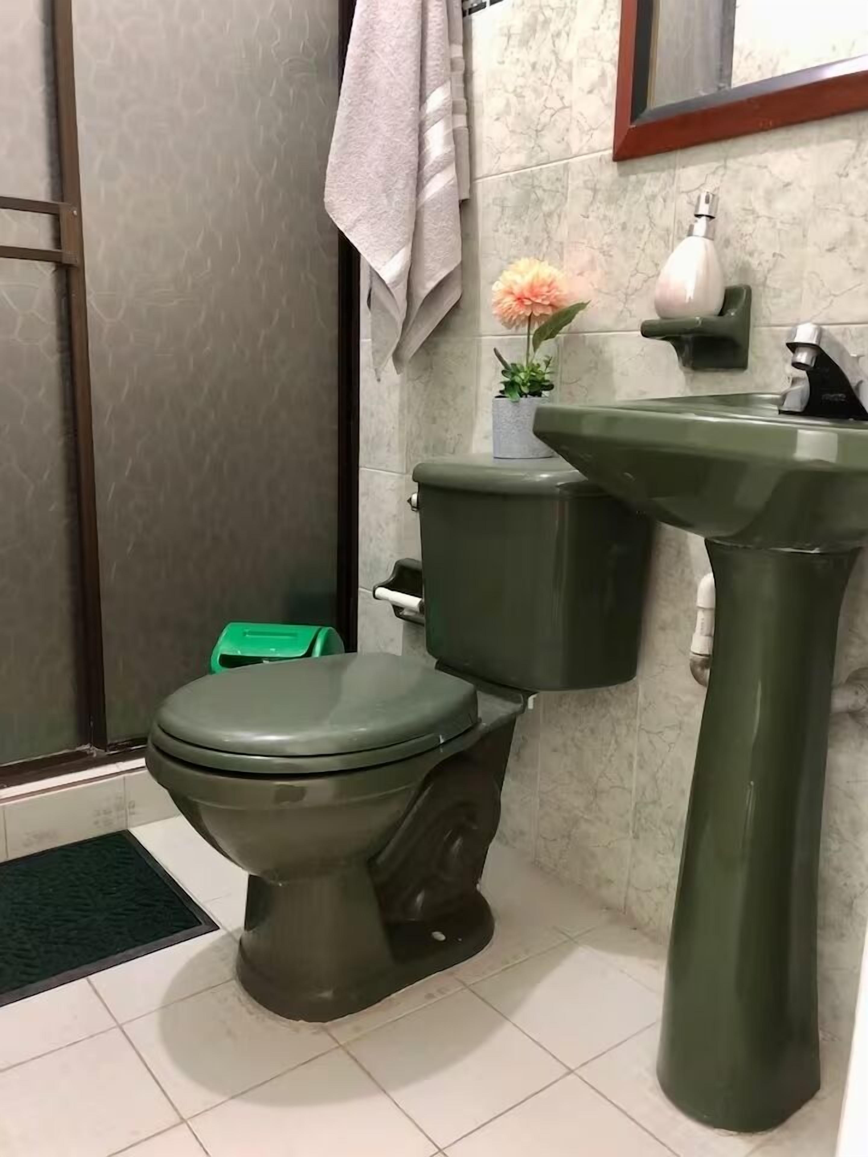 Un baño con inodoro, lavamanos y ducha.